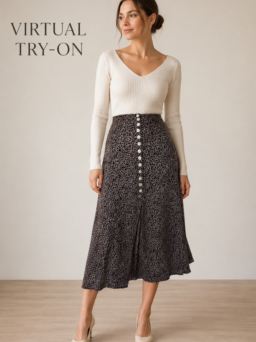 High-Rise Button-Front Black & Cream Printed Maxi Skirt